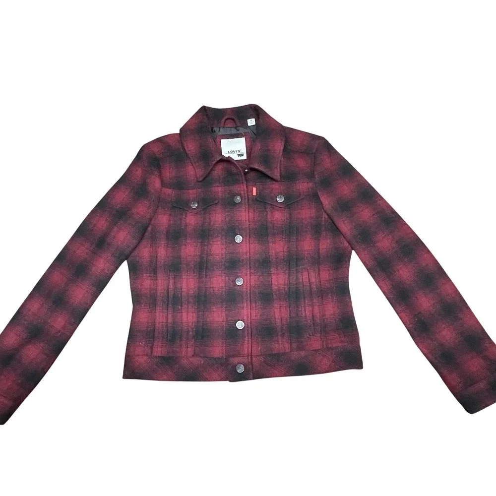 Levis Buffalo Plaid Wool Blend Trucker Jacket Medium cropped workwear grunge red